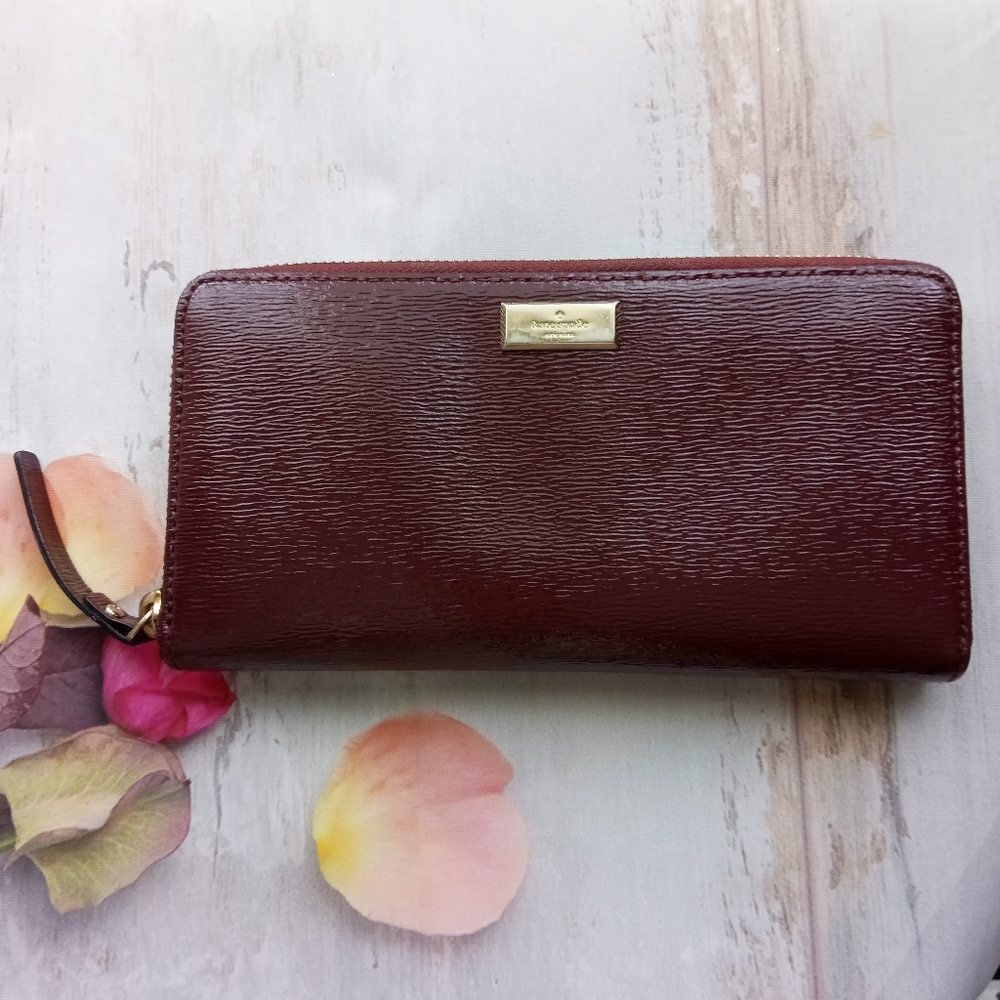 Kate Spade Burgundy textured Patent Leather Zipper Wallet